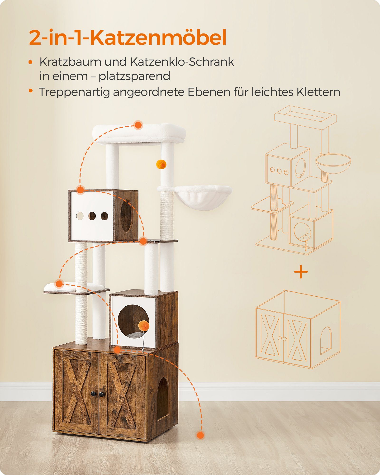 FEANDREA Kratzbaum, mit Katzenklo-Schrank 185cm Kratzsäule waschbares Kissen