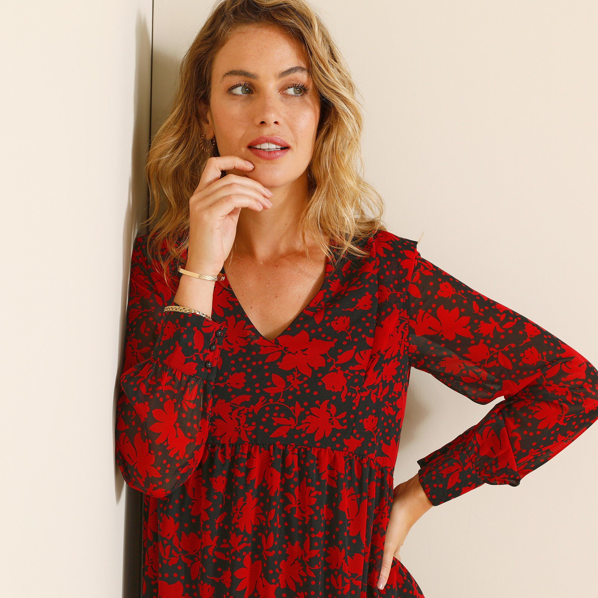 Robe voile Georgette imprimé végétal stylisé