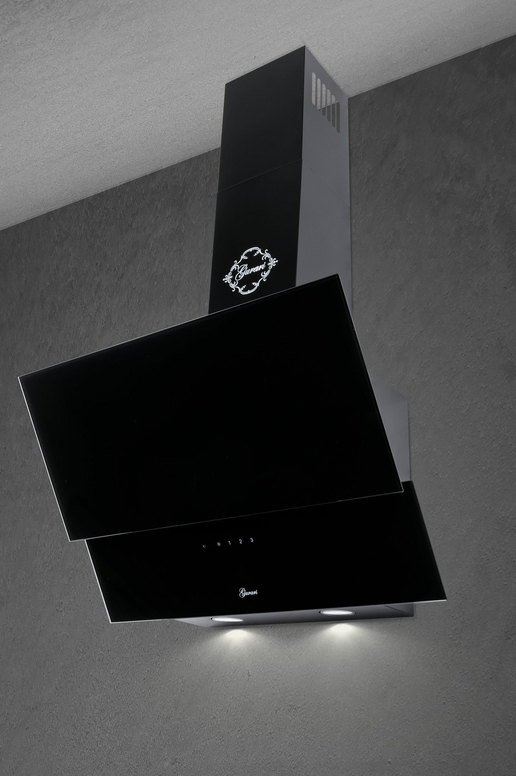 GURARI Wandhaube GCh 268 Bl 9 Prime/3.3+Abluftschlauch, Dunstabzugshaube 90 cm/ Effizient EEK A/ Schwarz Glas
