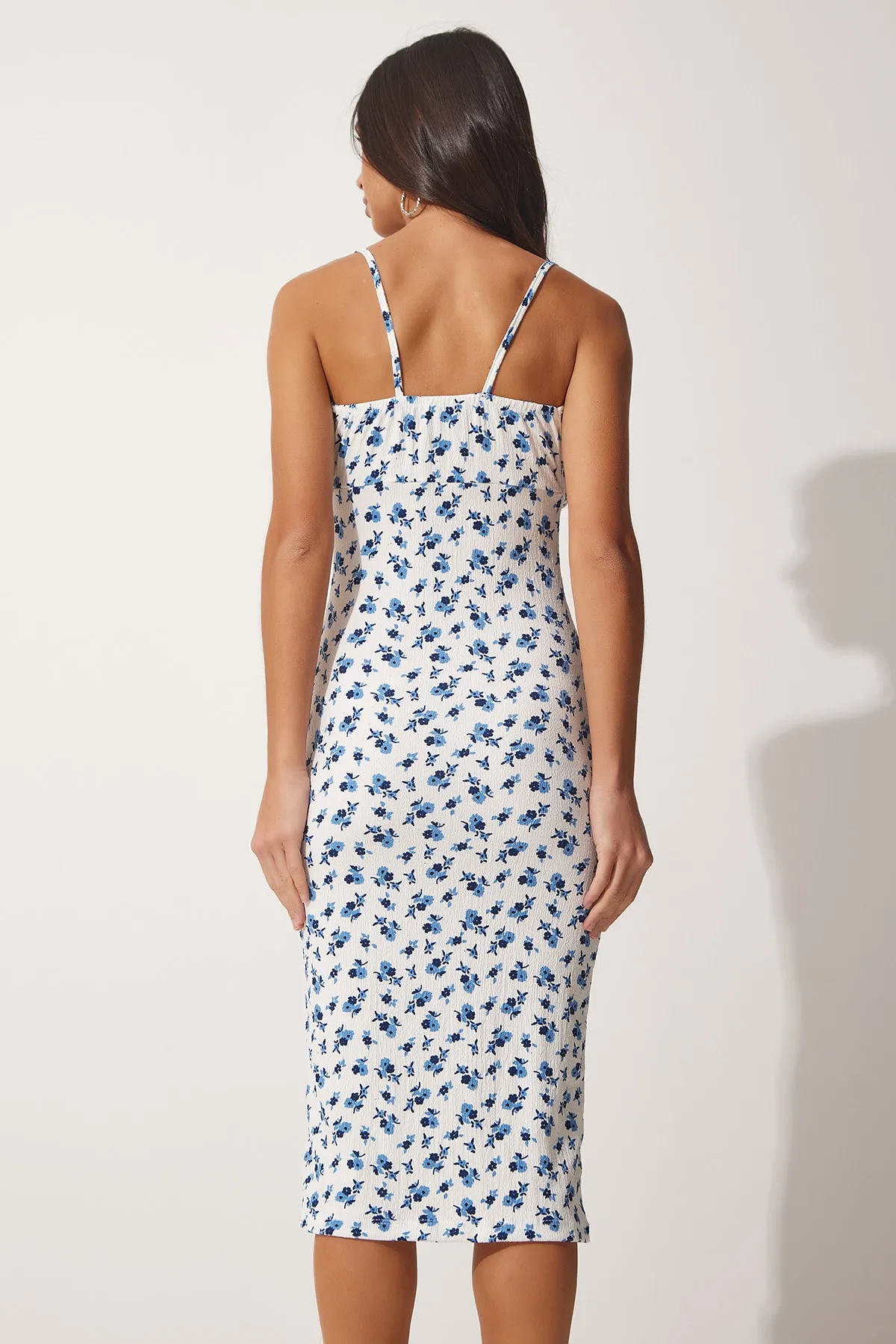 Happiness İstanbul  Blaues Sommer-Strickkleid mit gerafftem Kragen und Blumenmuster für Damen FF00124