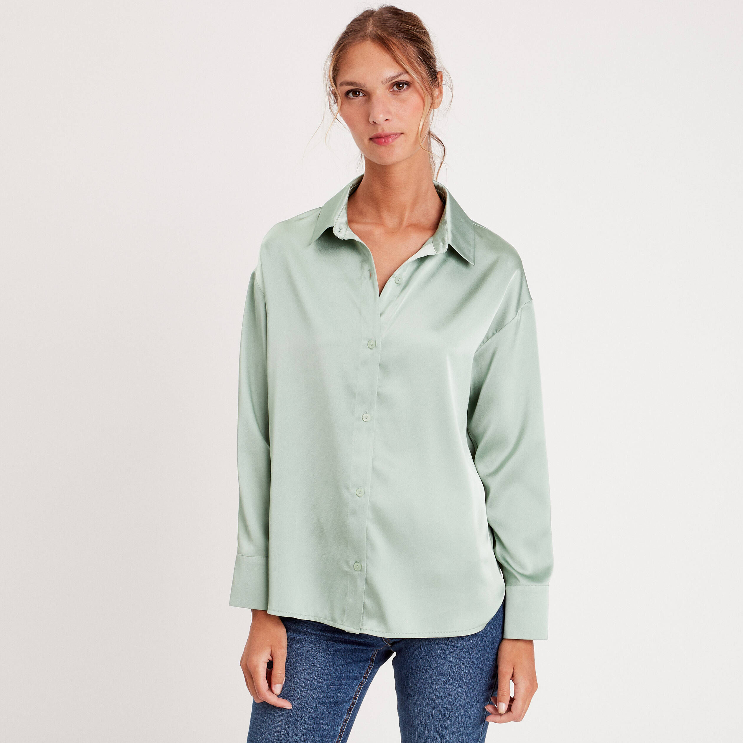 Chemise manches longues satin vert pastel femme | Cache Cache