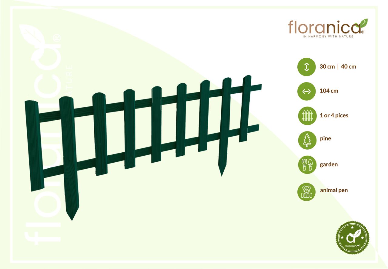 Pemicont Floranica Vorgarten Gartenzaun aus Holz Vampir 1 STK 104cm Höhe 30cm Grün Imprägnierter Kieferholzzaun Dekorativer Steckzaun für Blumenbeete Gemüsebeete Wegeinfassungen Tierauslauf