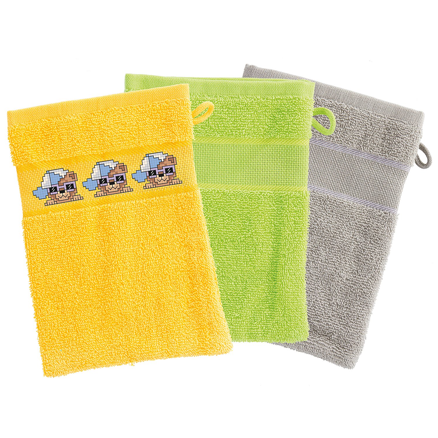 3er-Pack buttinette Walk-Frottier-Waschhandschuh, gelb, lemon, grau