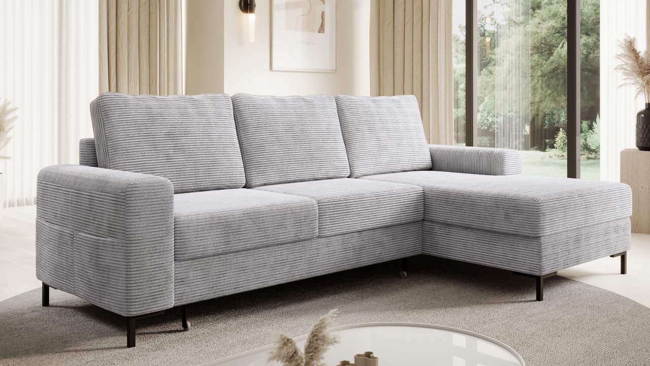 Möbel Punkt Ecksofa SAIGON Cord Grau mit Bettfunktion und Bettkasten Bett Sofa Schlafsofa Ottomane rechts