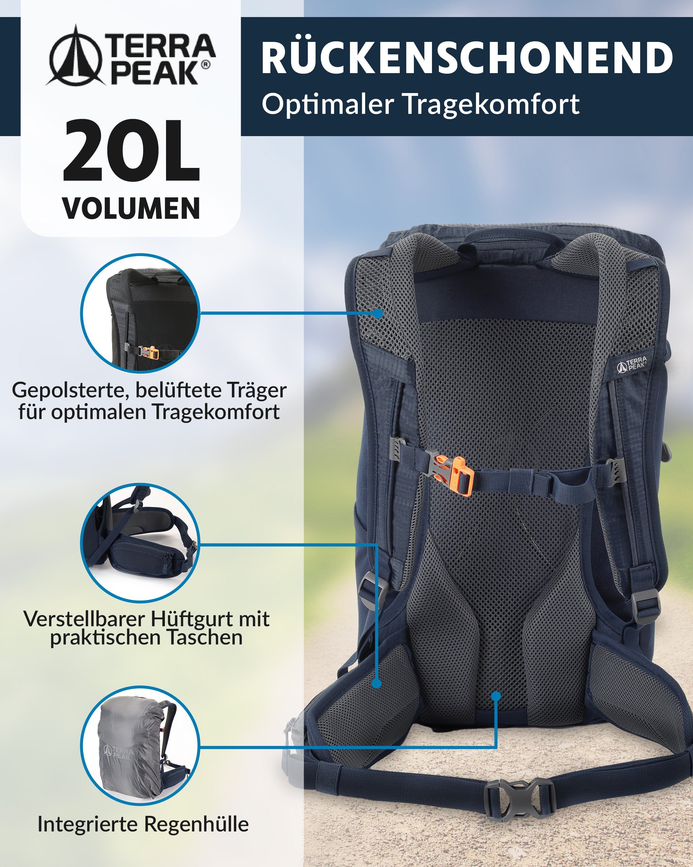 Terra Peak Wanderrucksack Airant 20, Rucksack klein mit belüftetem Netzrücken 20 Liter