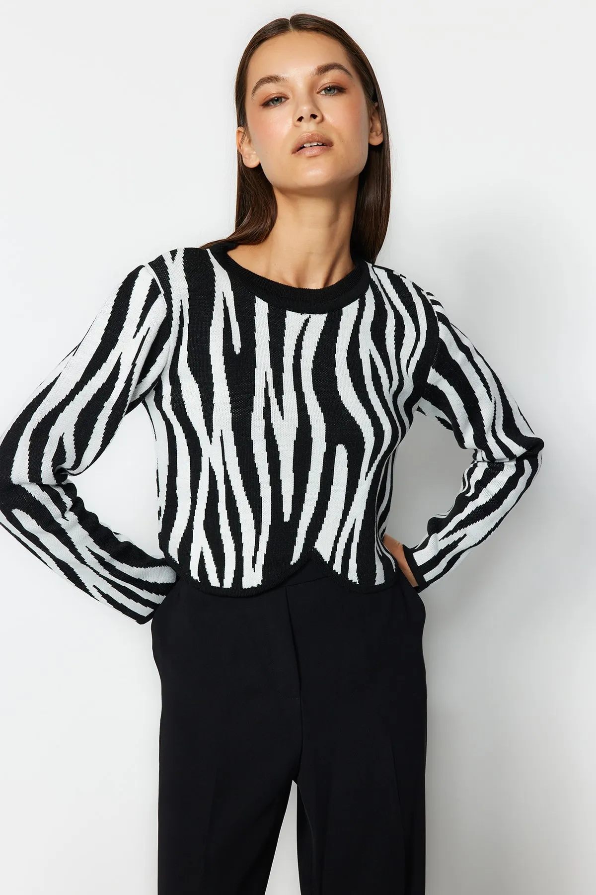Trendyol Collection  Schwarzer kurzer Strickpullover mit Rundhalsausschnitt und Farbblockdesign TWOAW24KZ00694