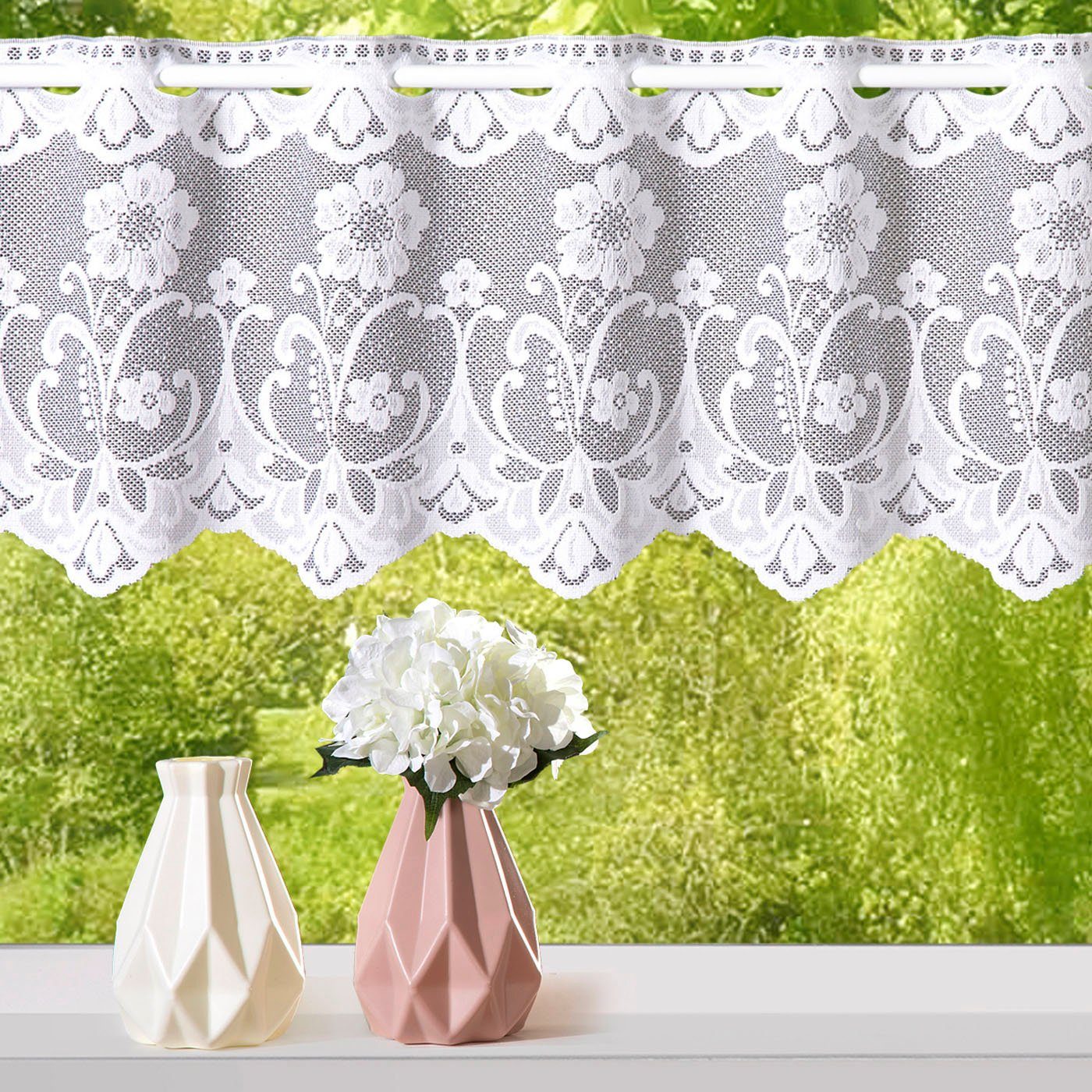 Scheibengardine Mantua, Weckbrodt, Stangendurchzug (1 St), halbtransparent, Jacquard, Bistro, Gardine, Jacquard, floral, geblümt