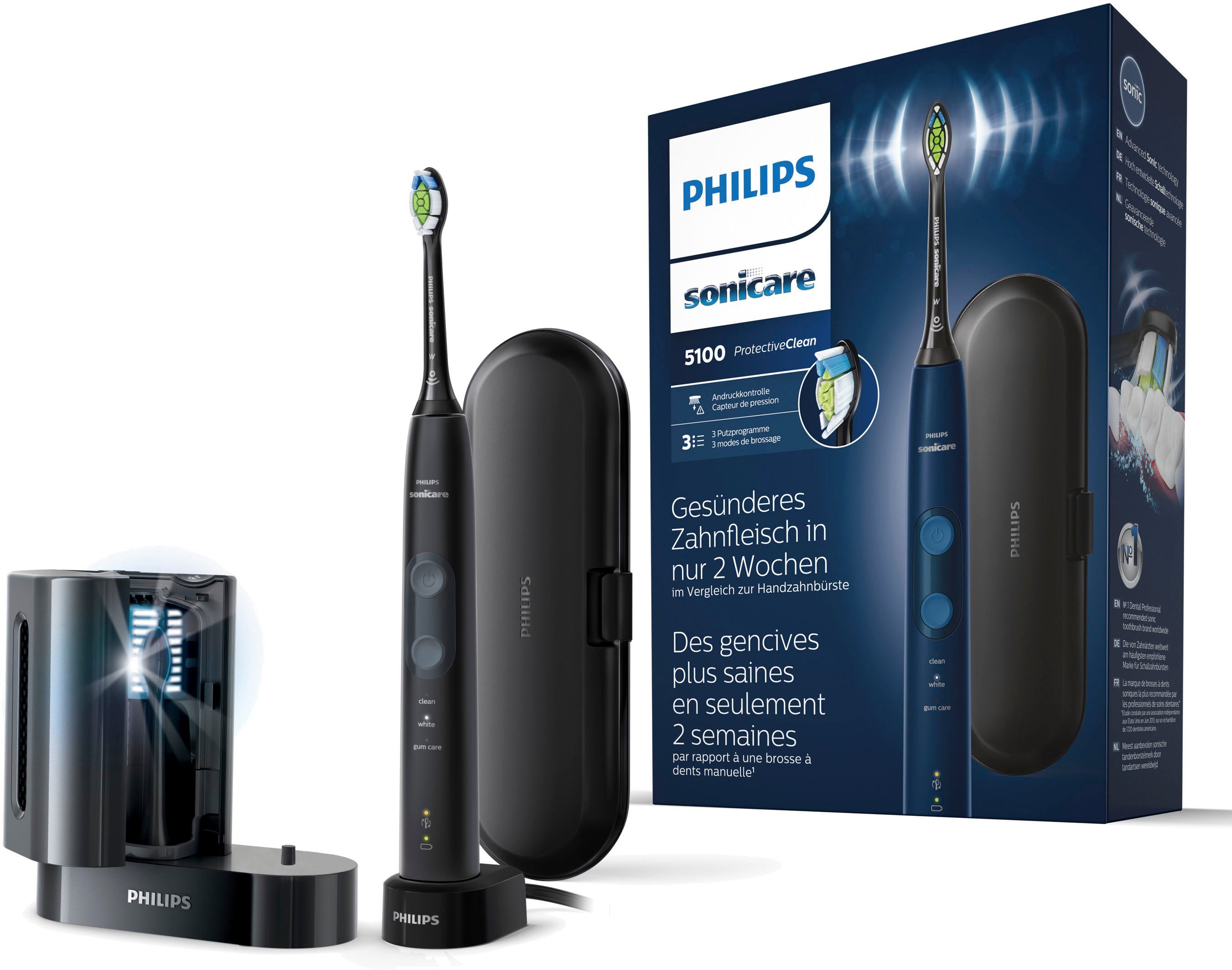 Philips Sonicare Elektrische Zahnbürste ProtectiveClean 5100 HX6851/53, Aufsteckbürsten: 1 St., mit Schalltechnologie, Andruckkontrolle