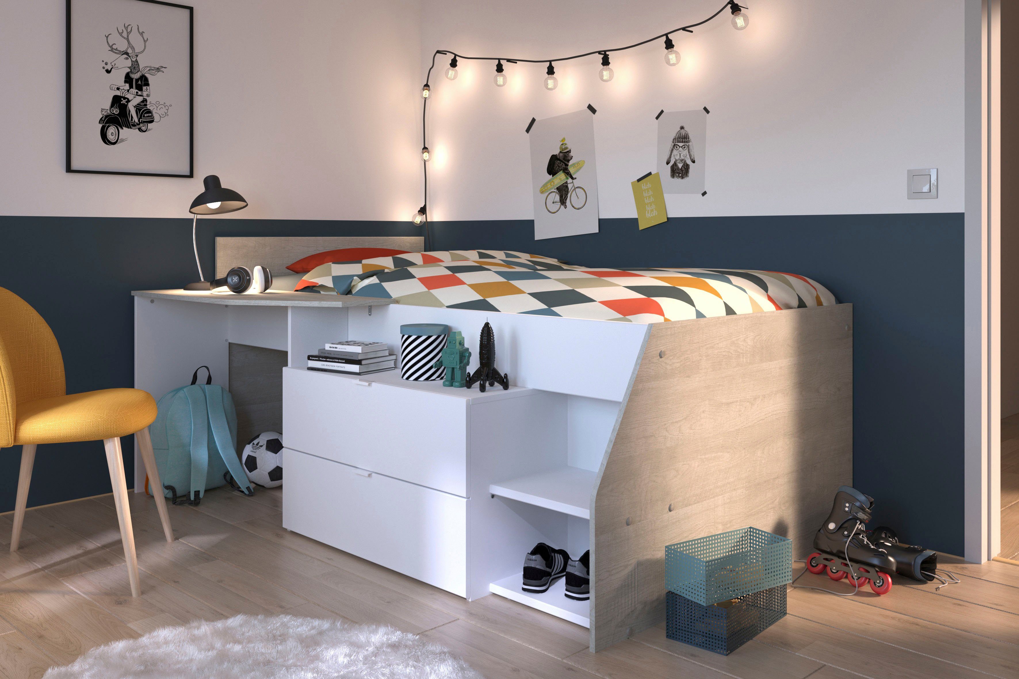 Parisot Hochbett Milky mit kleiner Arbeitsfläche und kleiner Kommode, extra Stauraum