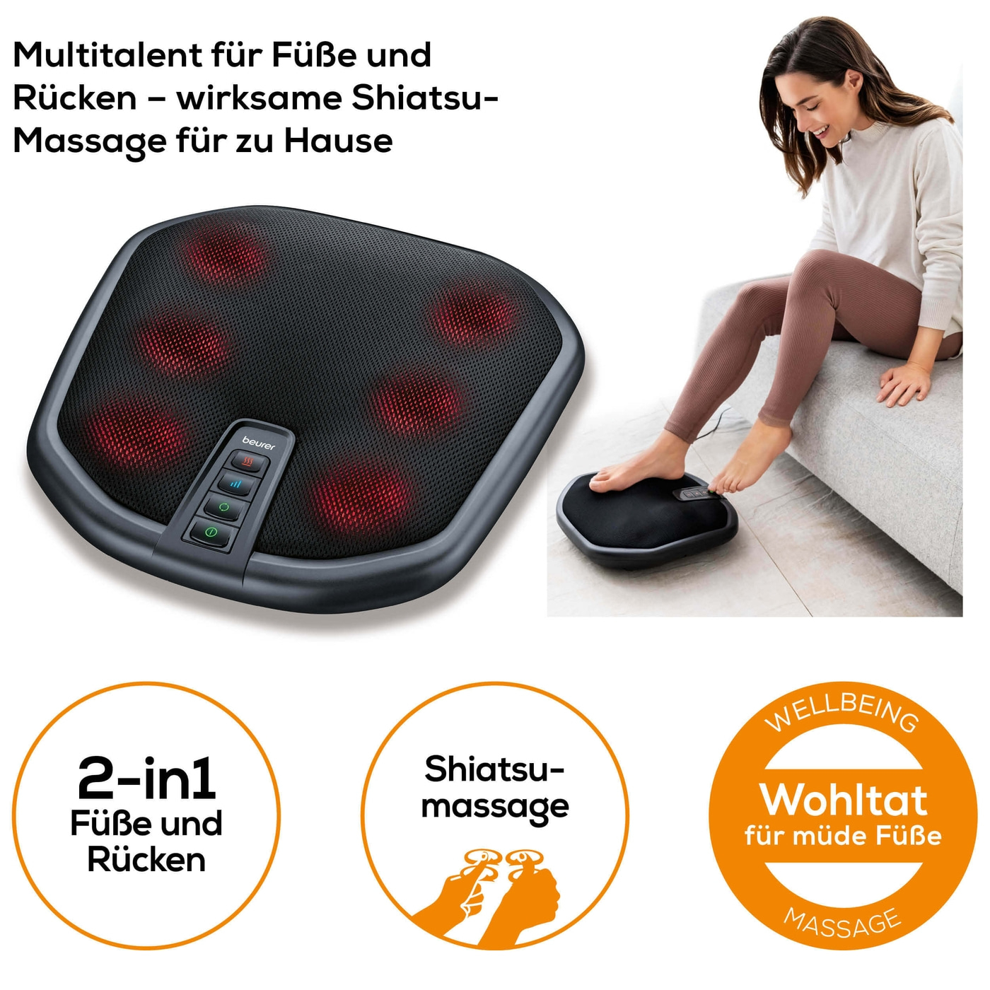 Beurer FM 70 Shiatsu Fuß- und Rückenmassagegerät-Shiatsu Massagegerät mit zuschaltbarer Wärmefunktion und 3 Geschwindigkeitsstufen