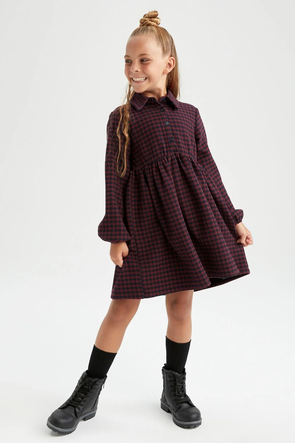 DeFacto  Kariertes Langarmkleid mit Polokragen für Mädchen