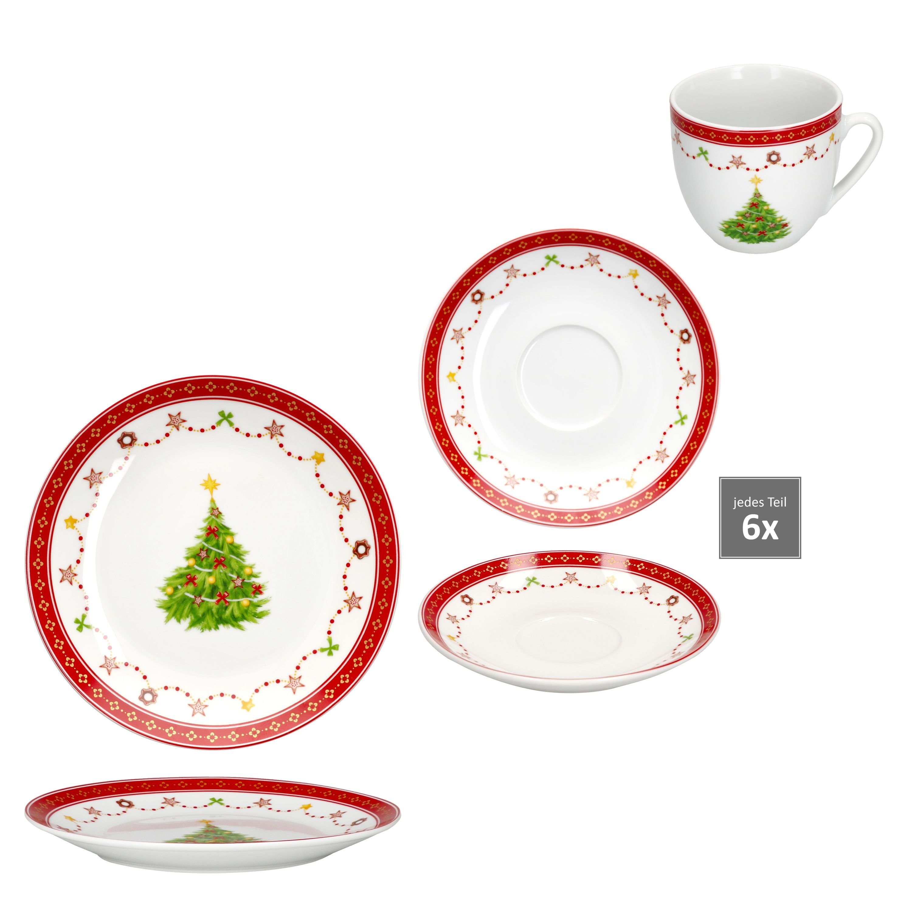 MamboCat Kaffeeservice 18tlg Kaffeeservice Weihnachtstraum Porzellan 6 Pers. Weihnachten, Porzellan
