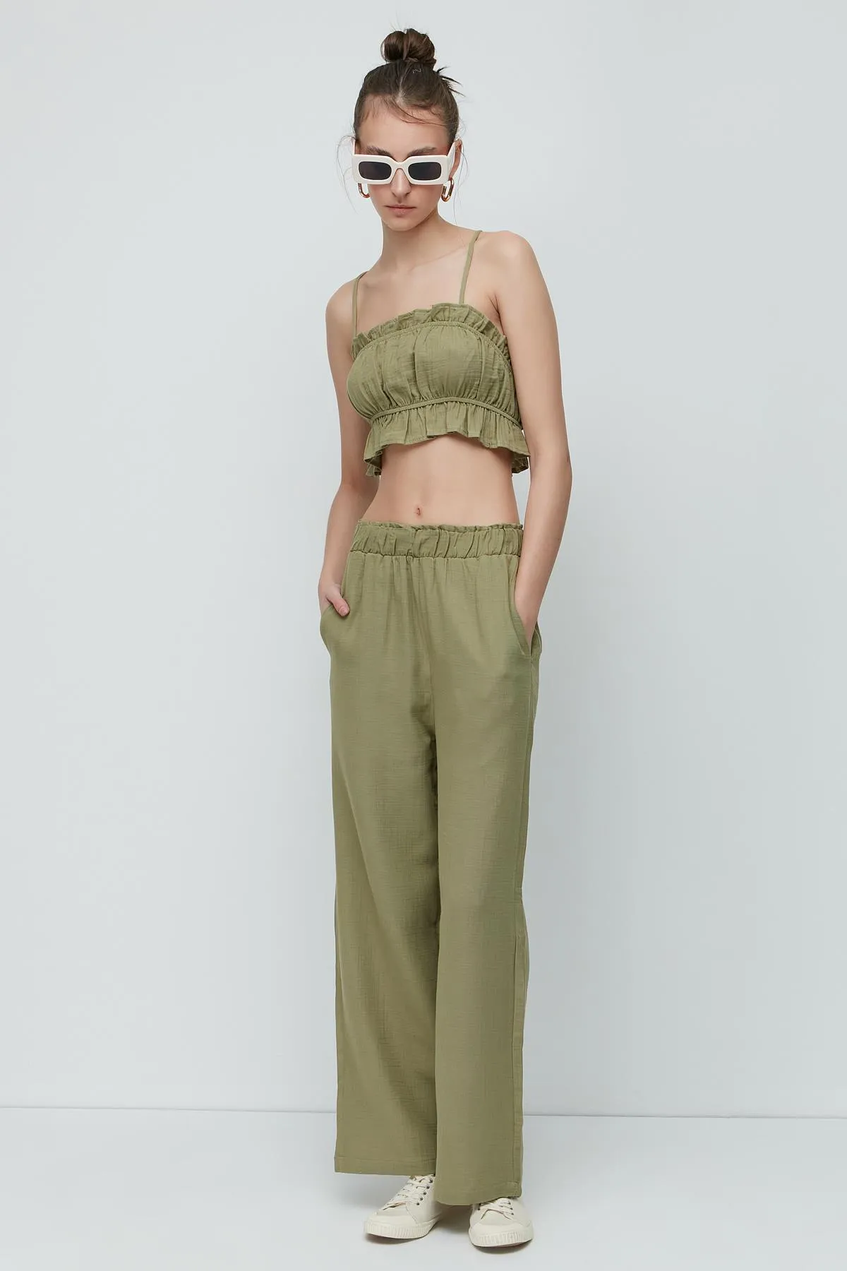 C&City  Crop-Bustier-Hosen-Set aus Bio-Baumwoll-Musselin 9124 Khaki
