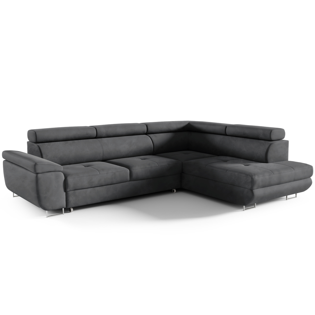 Möbel Punkt Wohnlandschaft Ecksofa Monaco Samt Grau mit Bett Bettkasten Kopfteilverstellung Bett Sofa Schlafsofa Ottomane rechts