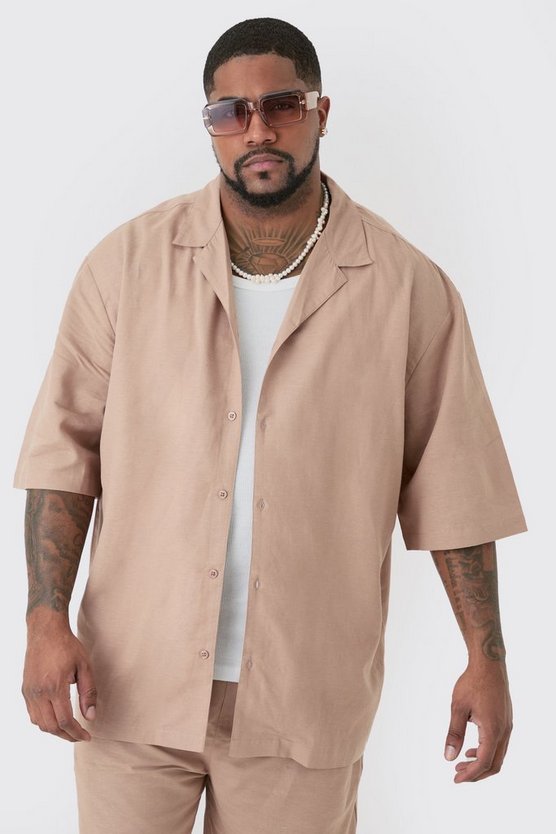 Plus Oversize Leinen-Hemd in Taupe