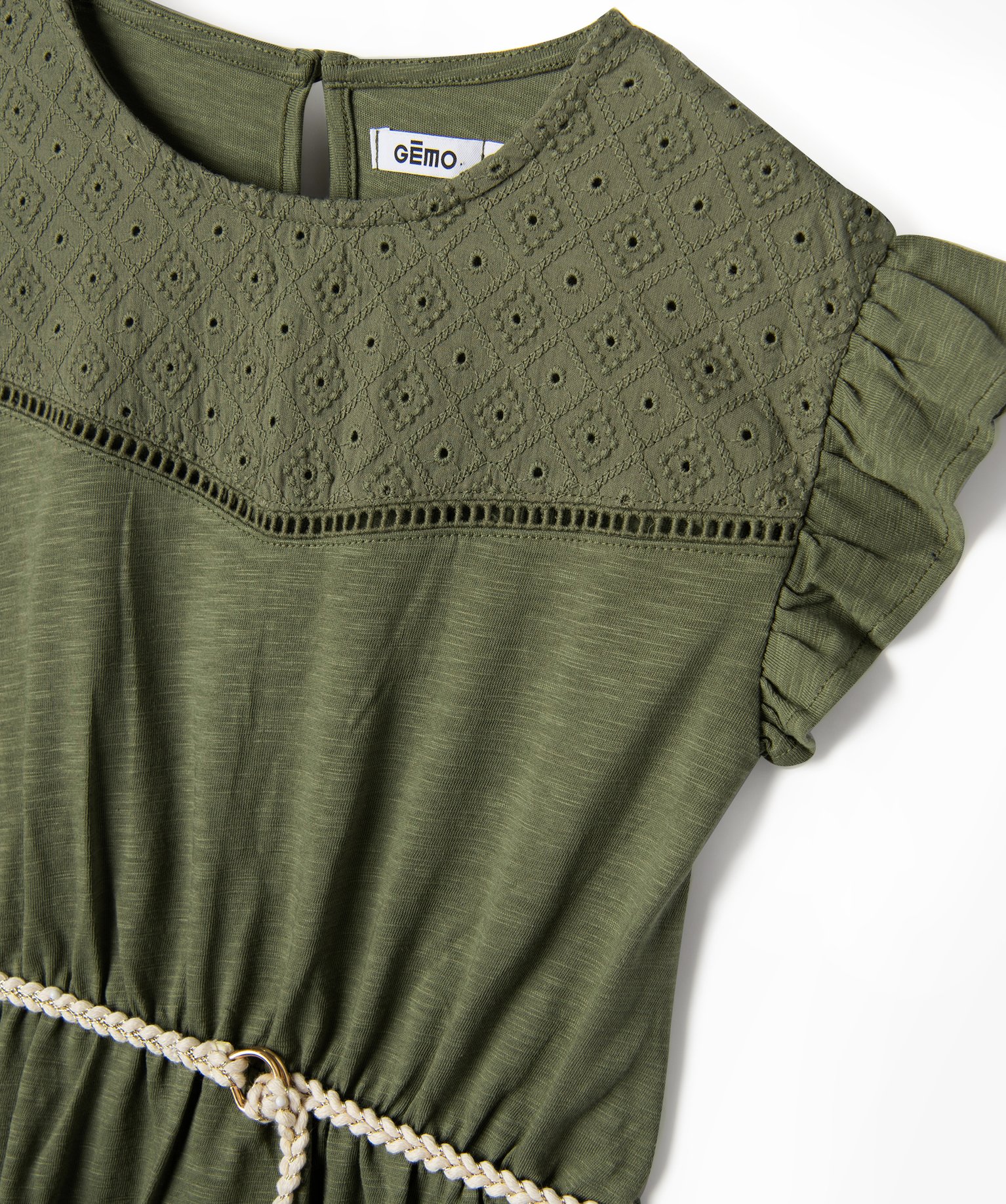 Robe fille en maille avec buste brodé et manches à volants kaki | GEMO