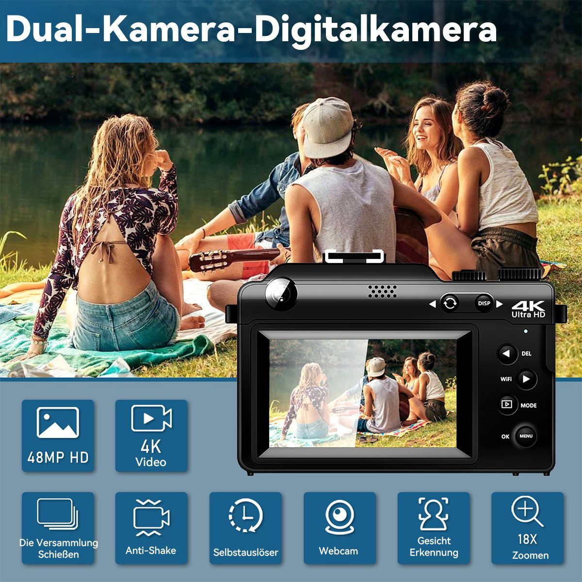 Hikeren 48MP Digitalkamera,4K HD 1080P Fotokamera,7 Farbfilter,18X Digitalzoom Kompaktkamera (WLAN (Wi-Fi)