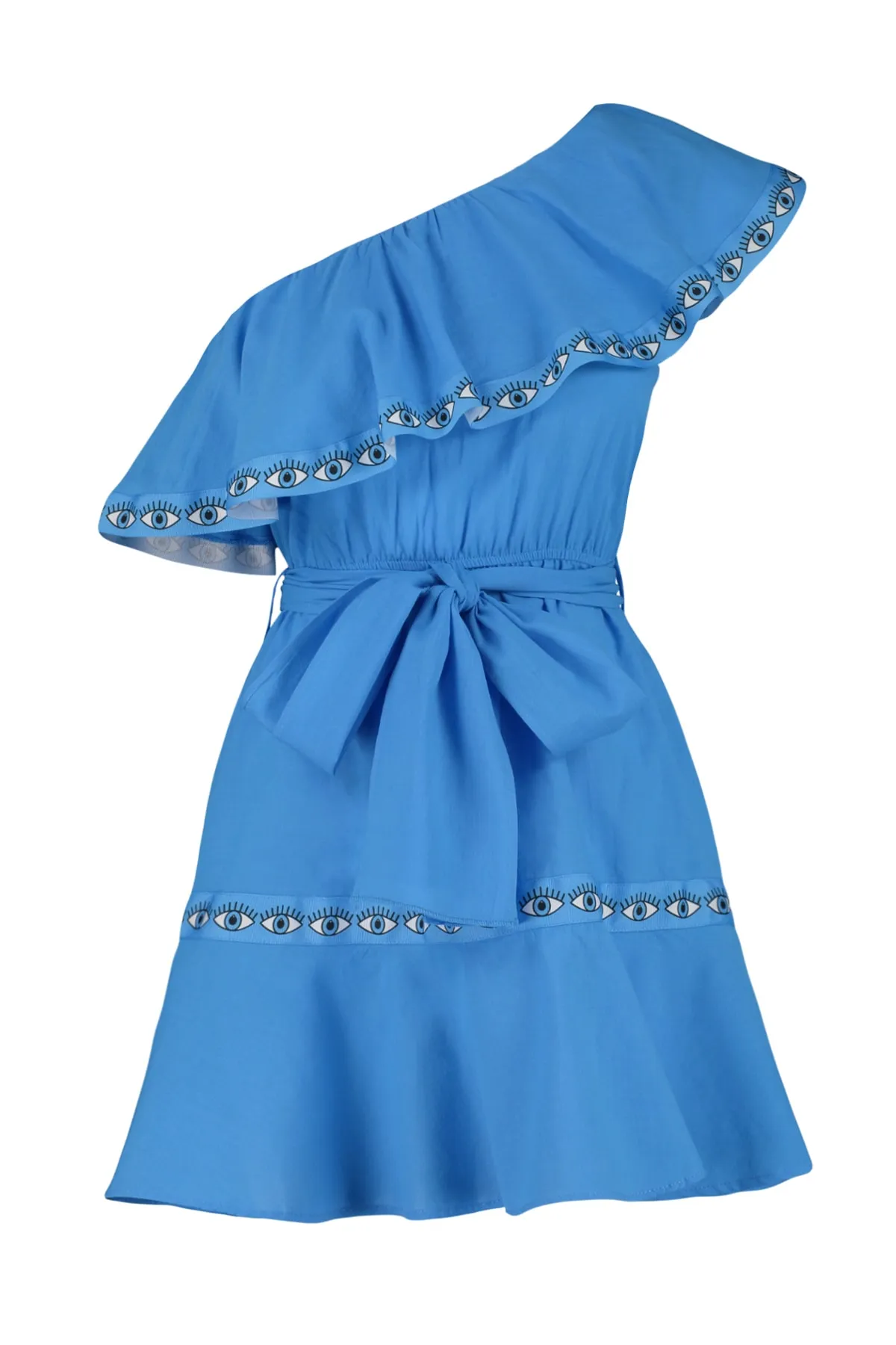 Trendyol Collection  Blaues, einschultriges Mini-Strandkleid aus 100 % Baumwolle mit gewebtem Band und Gürtel TBESS23EL00137