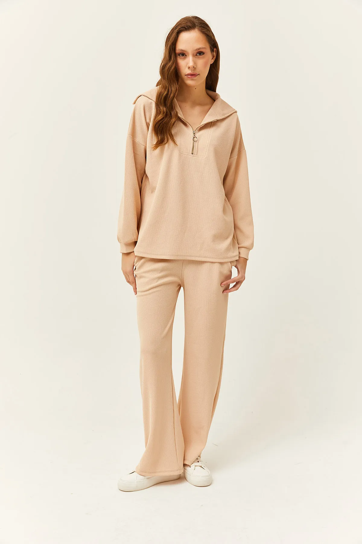 Olalook  Beiges Damen-Set mit Oberteil und Pullover mit Reißverschluss, Palazzo-Hose, TKM-19000240