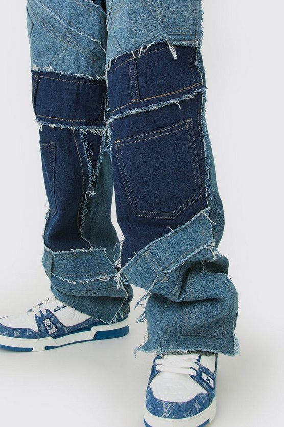 Lockere Patchwork Jeans in Blau