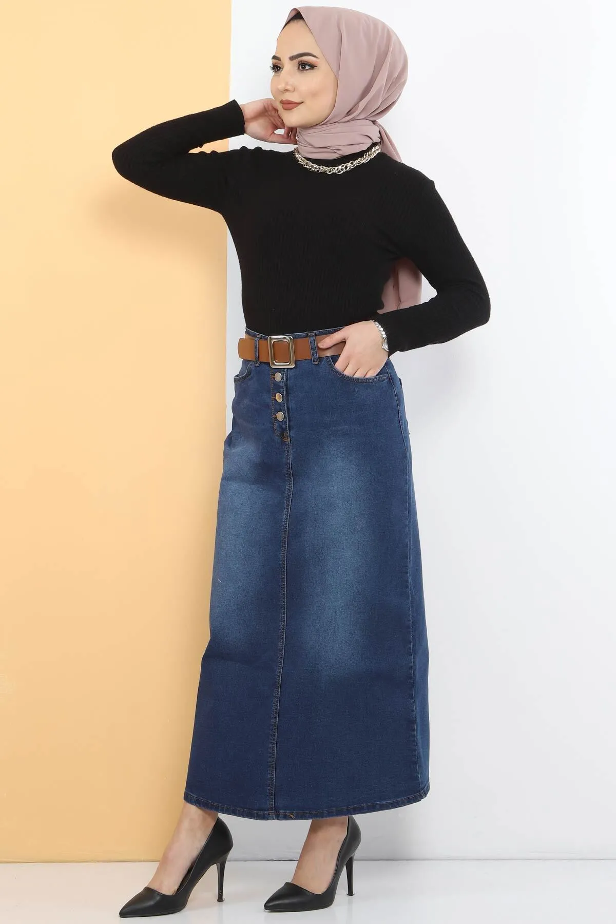 Tesettür Dünyası  Jeansrock mit Gürtel TSD231015 Dunkelblau