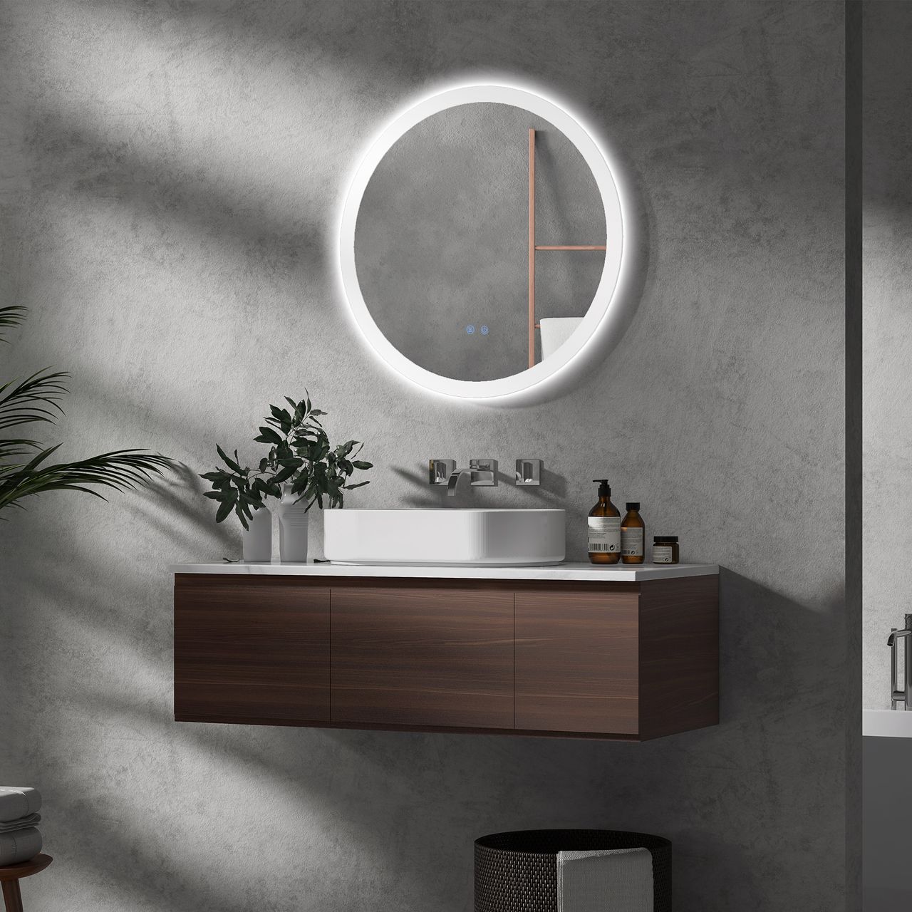 kleankin Badspiegel mit Beleuchtung, Ø70 cm Wandspiegel mit 3 Lichtfarben