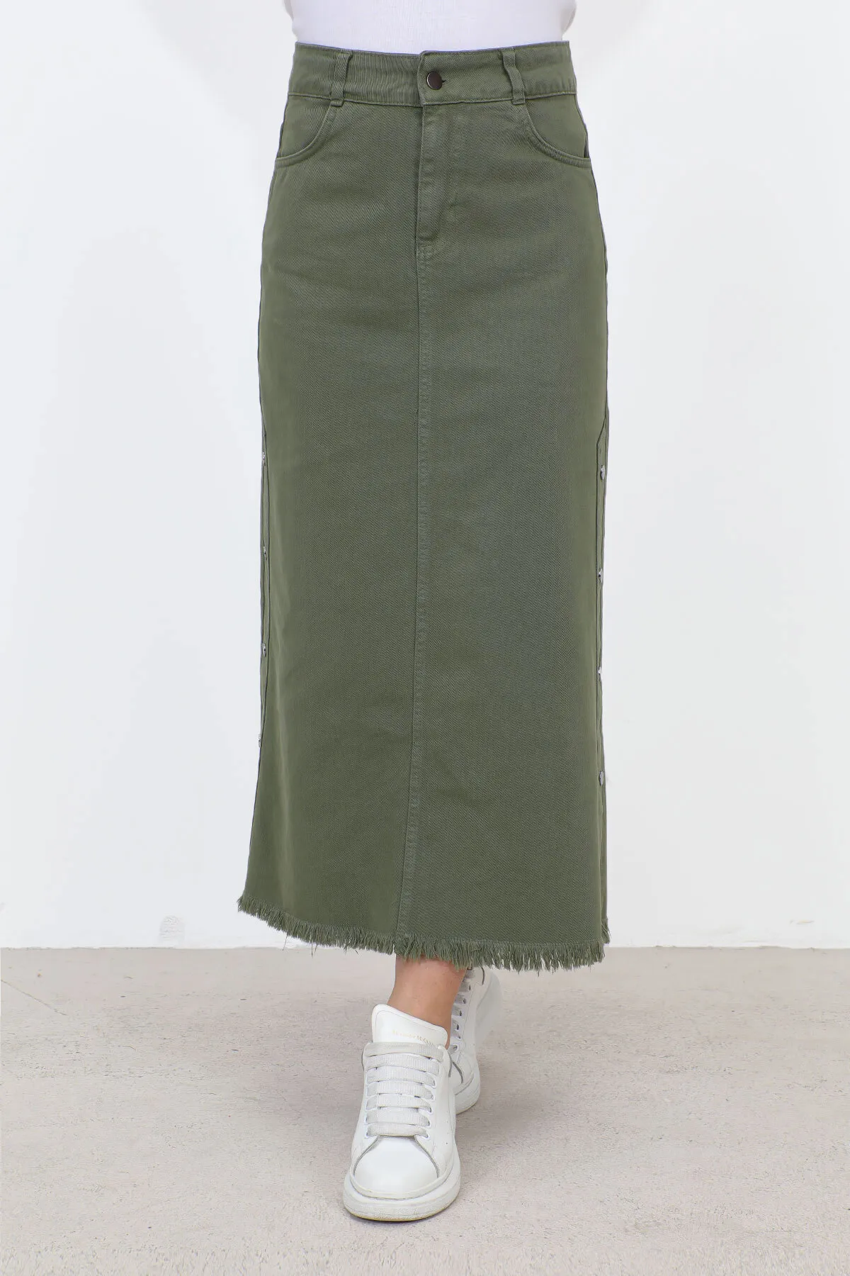 Tesettür Dünyası  Jeansrock mit ausgestellten Seiten TSD22019 Khaki