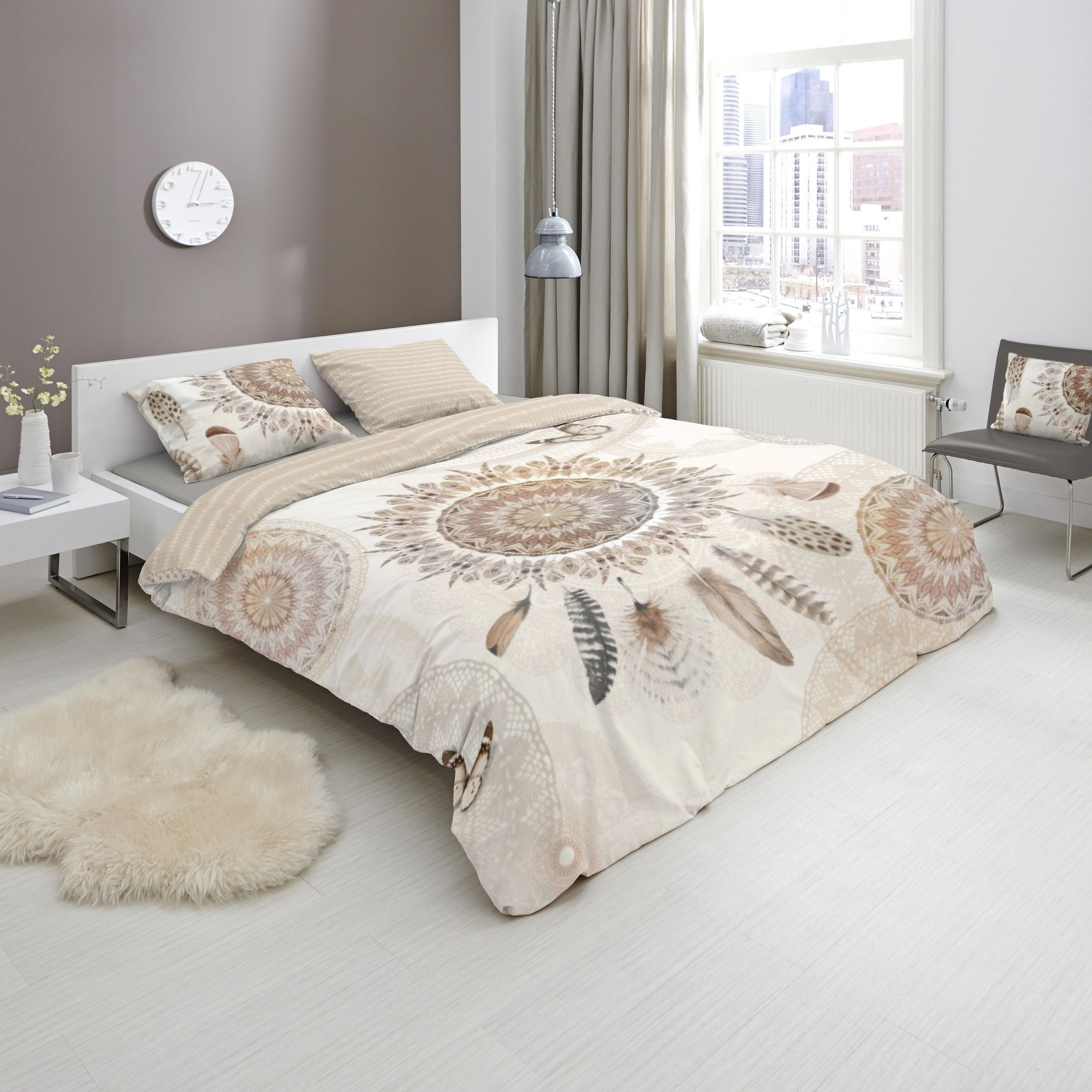 Bettwäsche Comfort Baumwolle, Traumschloss, Flanell, 2 teilig, Mandalas, Federn, Schmetterlinge, beige