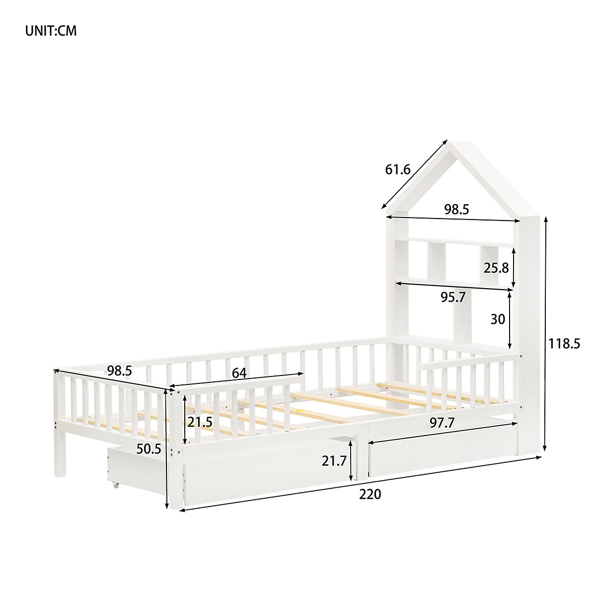 Hausbett 90x200 cm mit Bücherregal und Schubladen