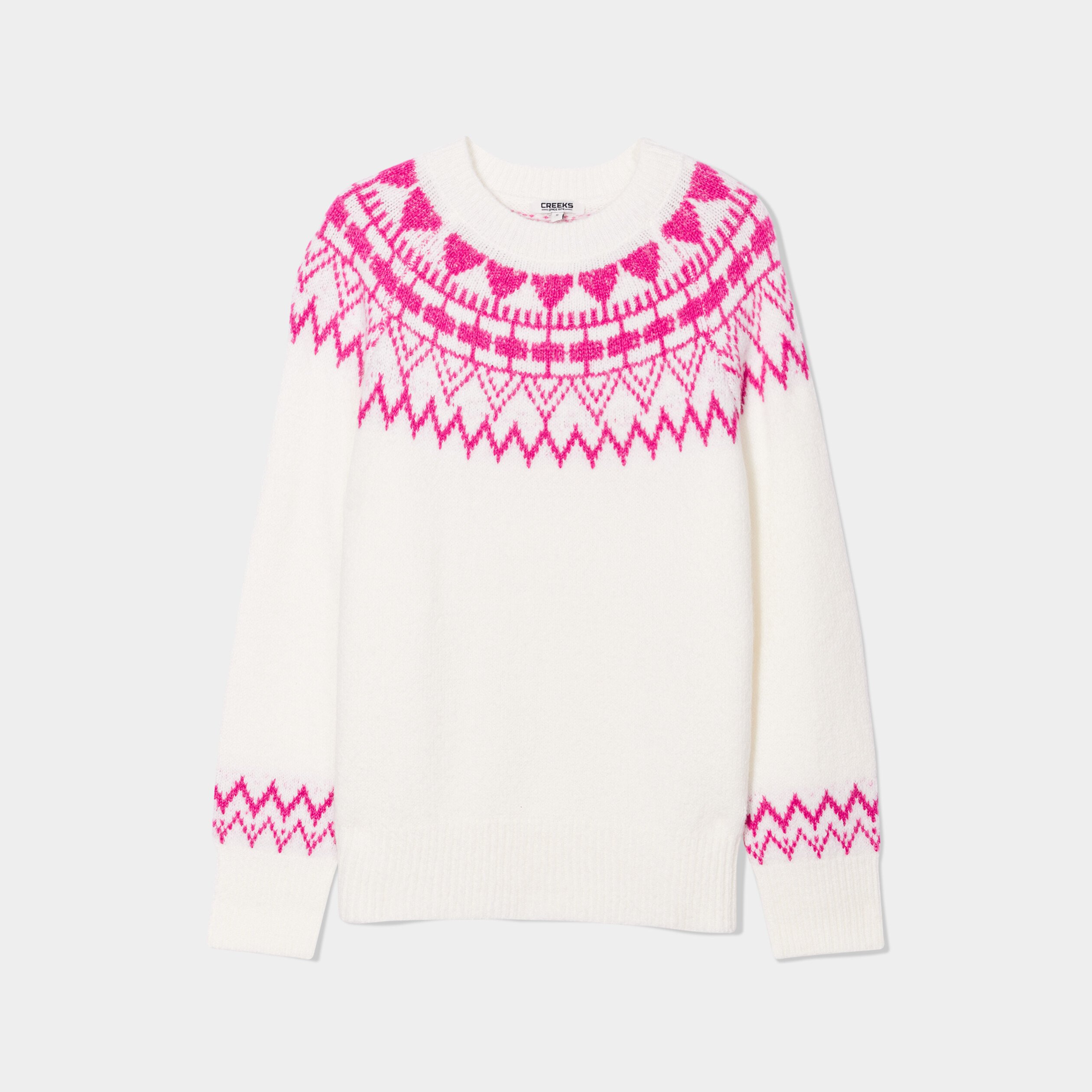 Pull col rond manches longues Creeks blanc femme | La Halle