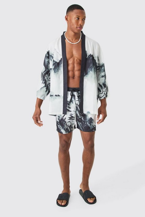 Oversize Kimono-Hemd und Badehose mit Print