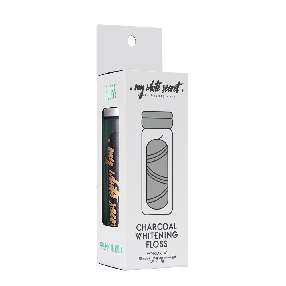 My White Secret Charcoal plastic free dental floss in glass jar Fil dentaire