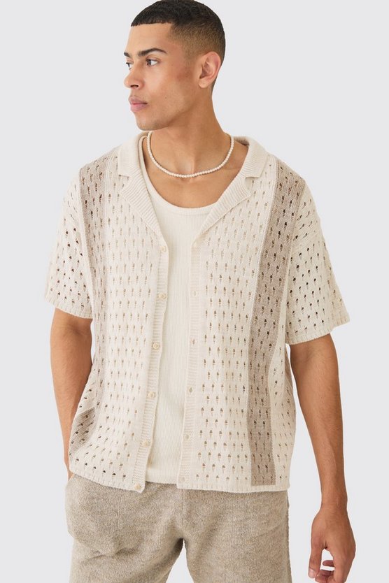 Kastiges gestreiftes Oversize Strick-Hemd in Ecru