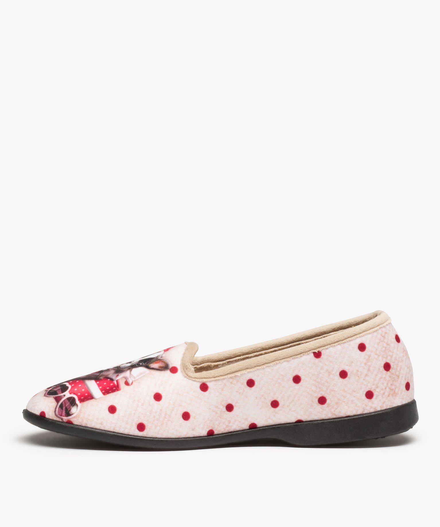 Chaussons femme en velours ras imprimés bouledogue beige | GEMO