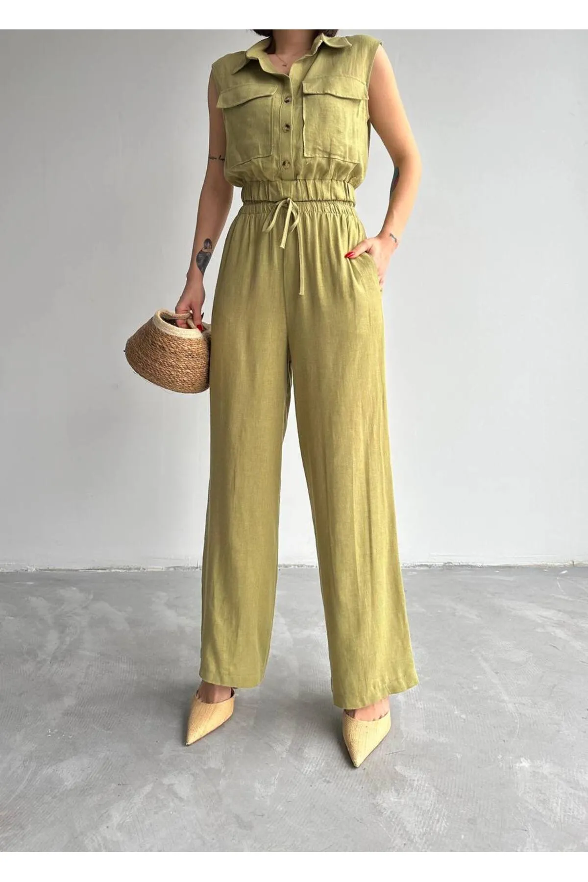 Laluvia  Khakifarbenes, elastisches Weste-Hose-Leinenset aus 100 % Baumwolle