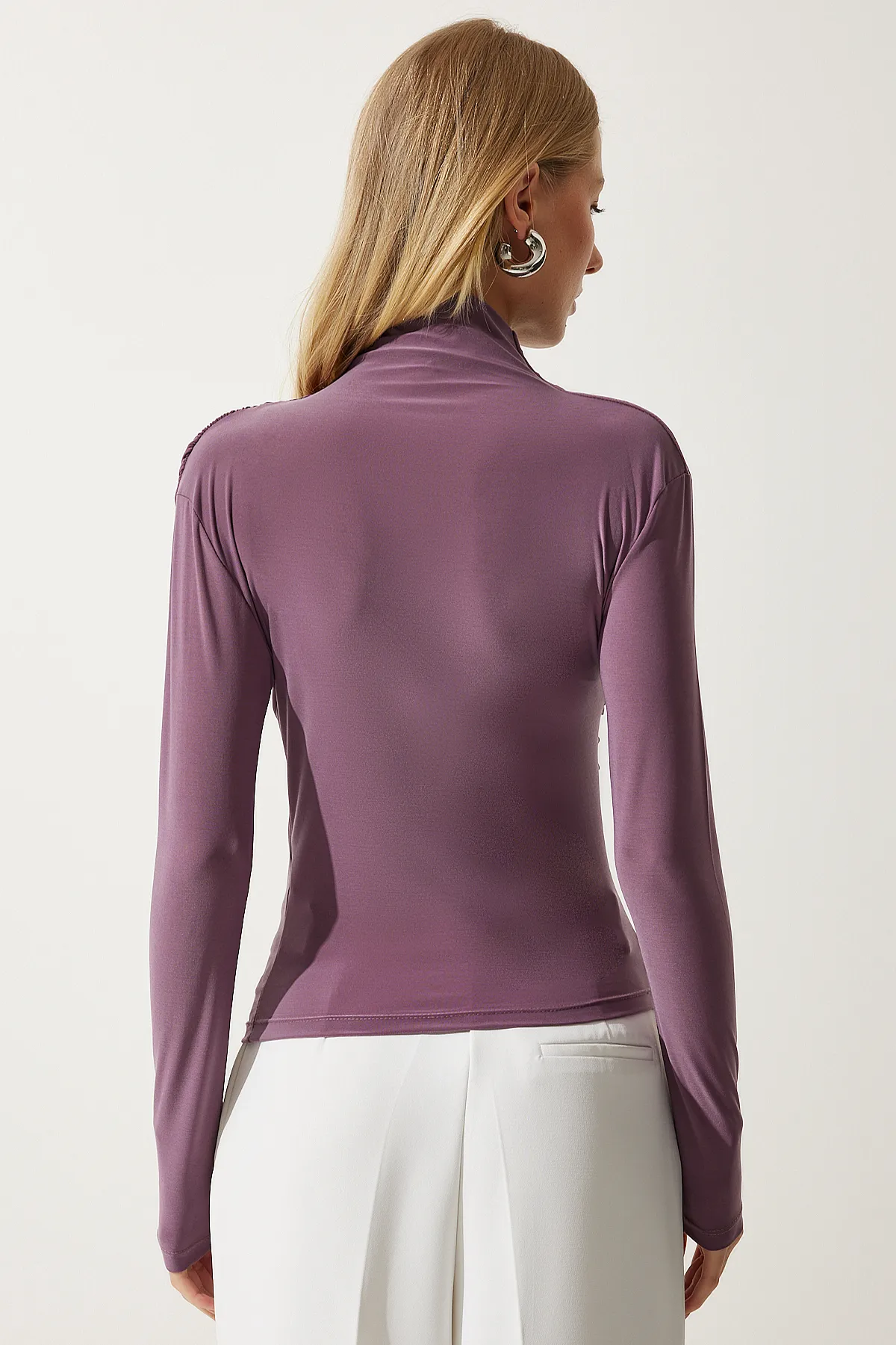 Happiness İstanbul  Lila Sandy Bluse mit Stehkragen und Kordelzug für Damen FF00135