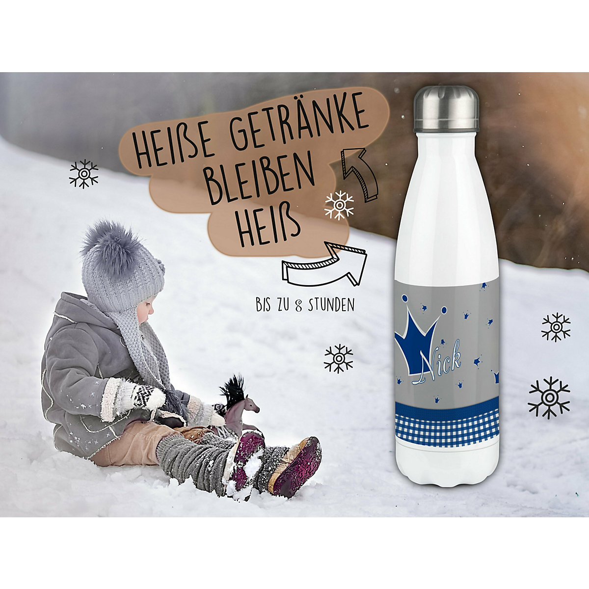 Edelstahl Kinder Thermoflasche / Trinkflasche bunt Krone Farbe blau grau Spülmaschinenfest, Auslaufsicher, Bruchfest, Doppelwandig, Für Heißgetränke geeignet, Mit Deckel, Isoliert