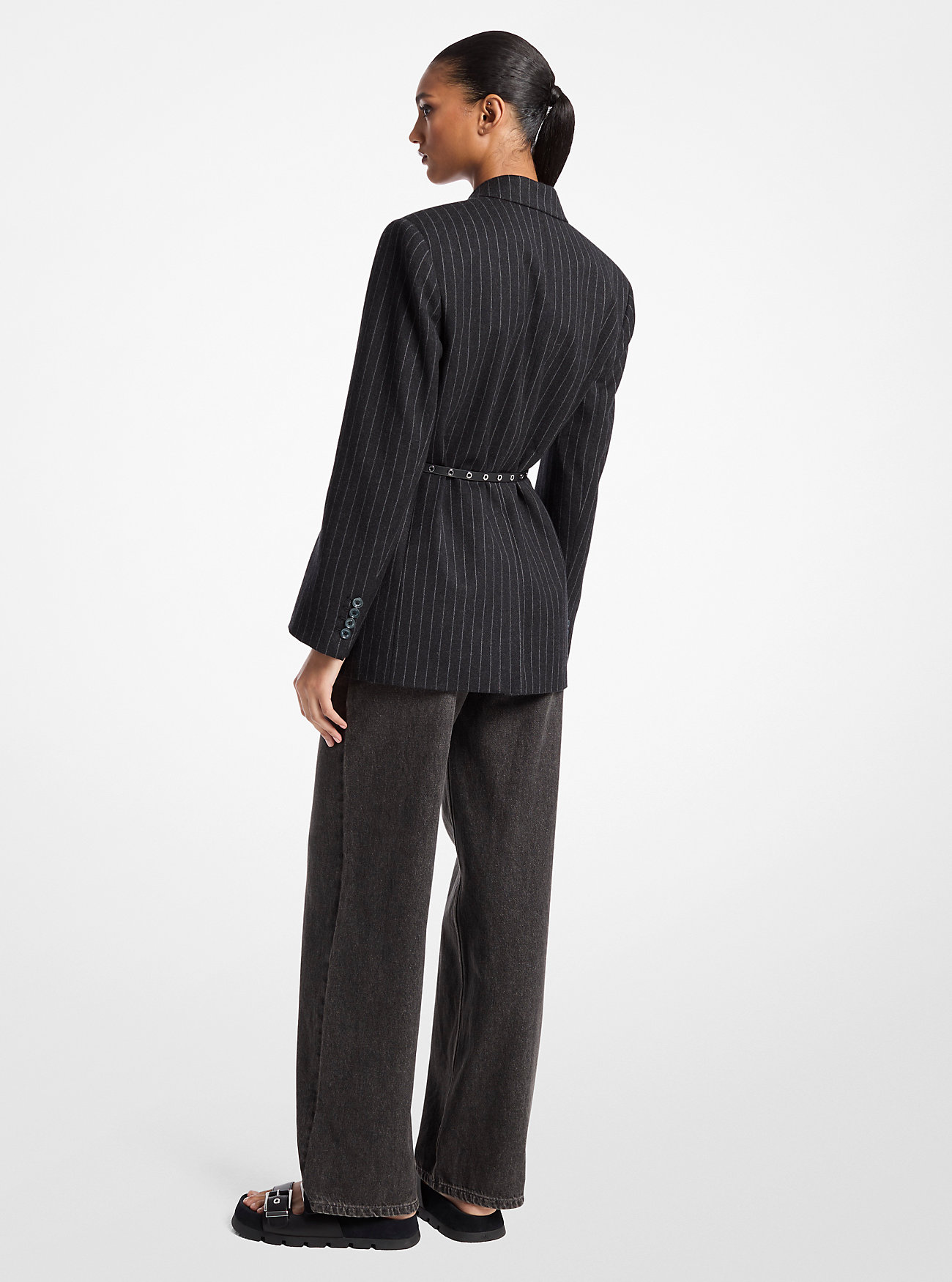 Stripete ullblandingsblazer med belte og dobbeltspent - CHARCOAL HEATHER