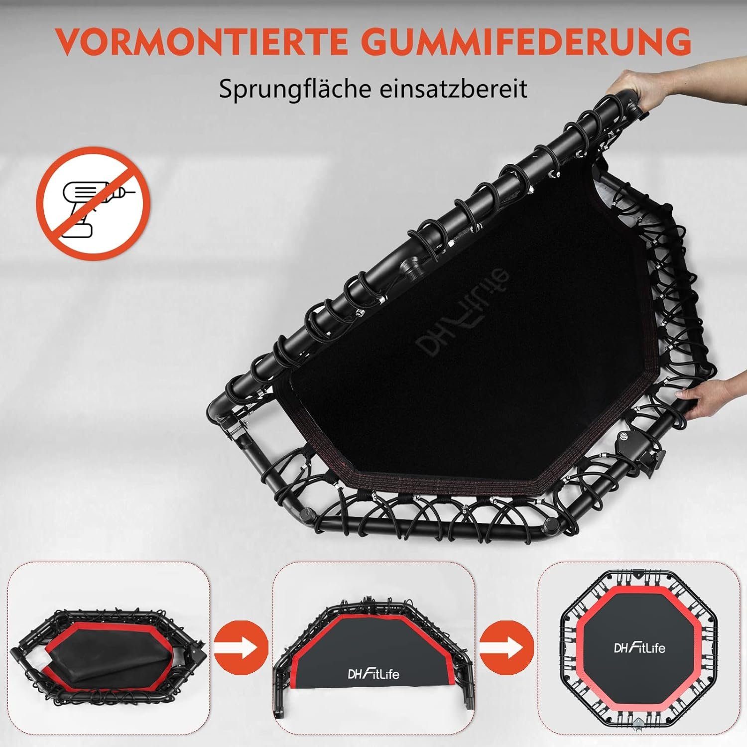 DH FitLife Fitnesstrampolin Fitness Trampolin klappbar, Leise Gummiseilfederung ohne Installation, Ø 128 cm, Indoor & Outdoor Jumping, mit 3 verstellbaren Handgriffstufen