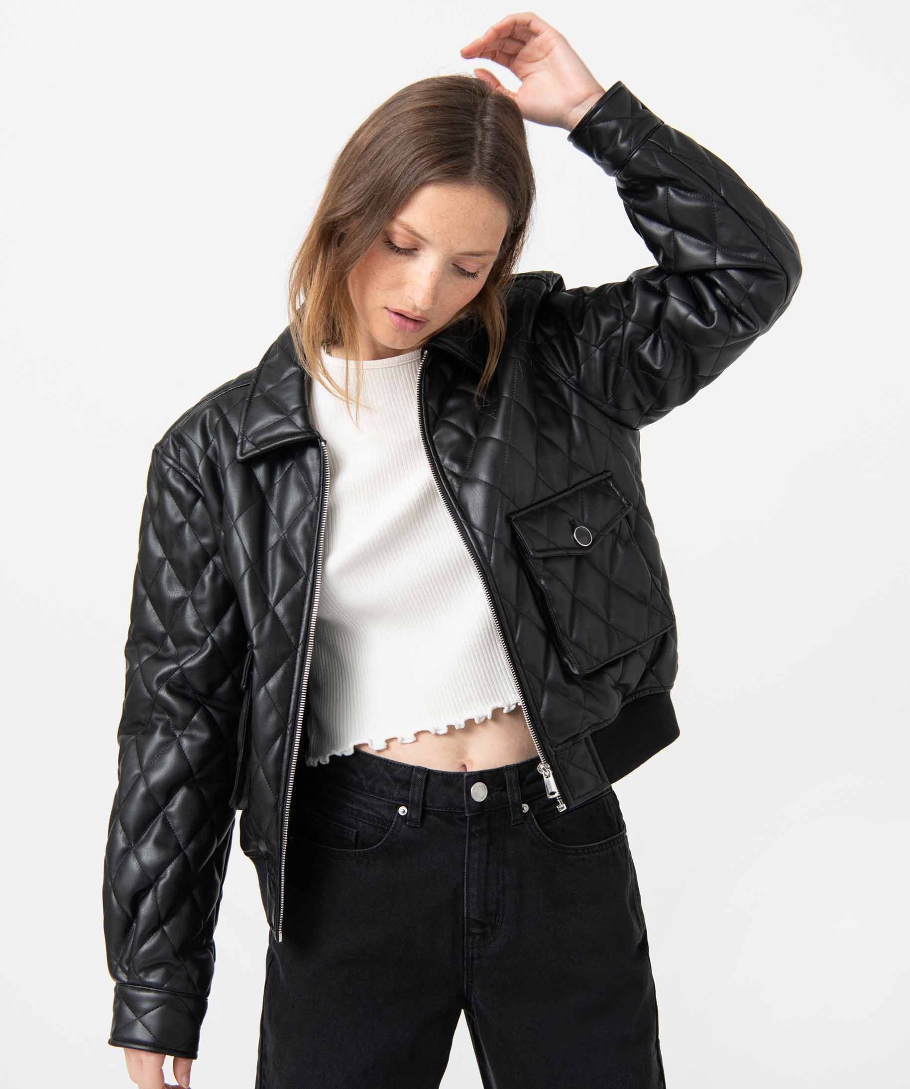Blouson femme en matière synthétique matelassée noir | GEMO