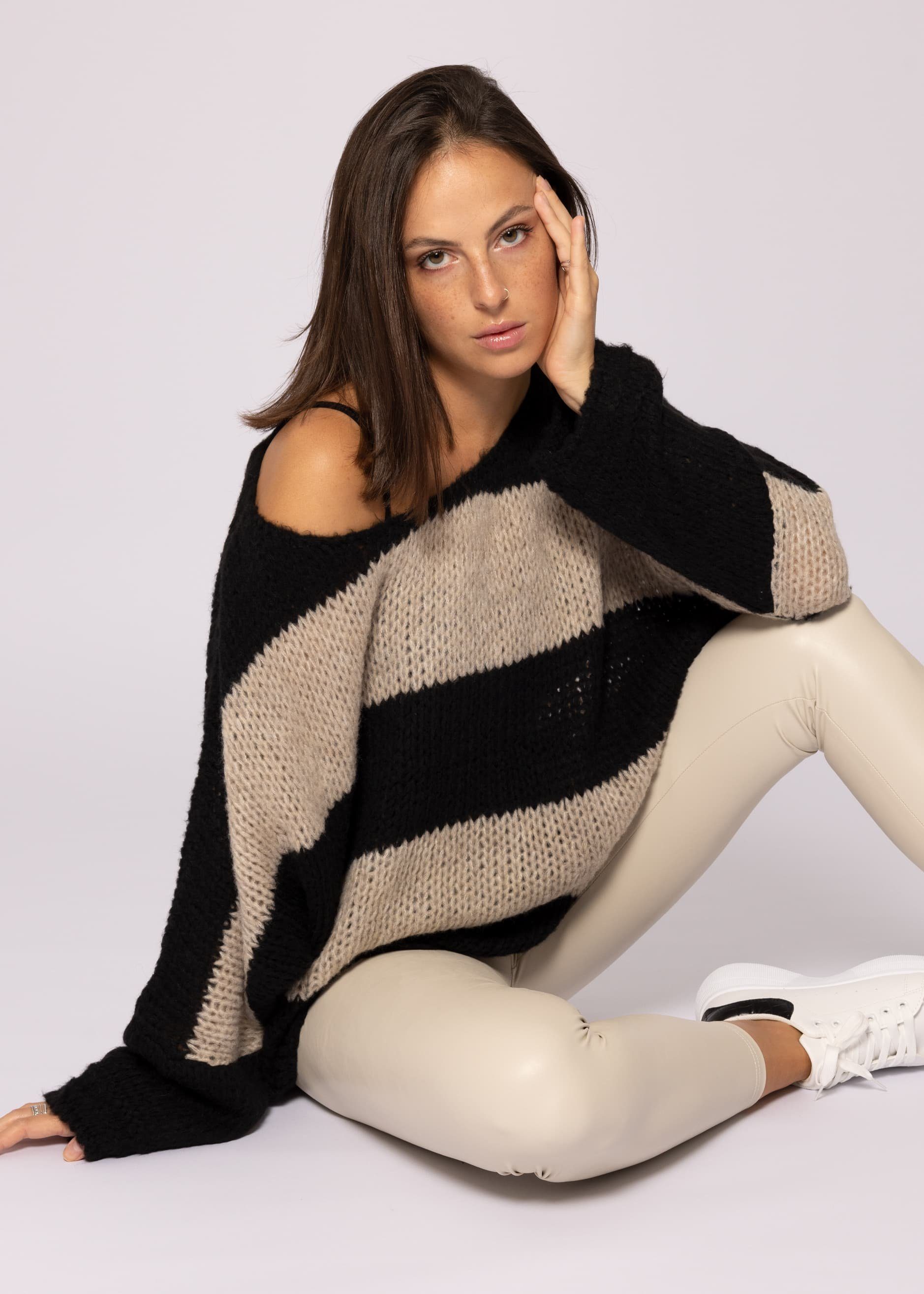 SASSYCLASSY Strickpullover Oversize Pullover Damen aus weichem Grobstrick Lässiger Strickpullover lang mit Streifen, Made in Italy