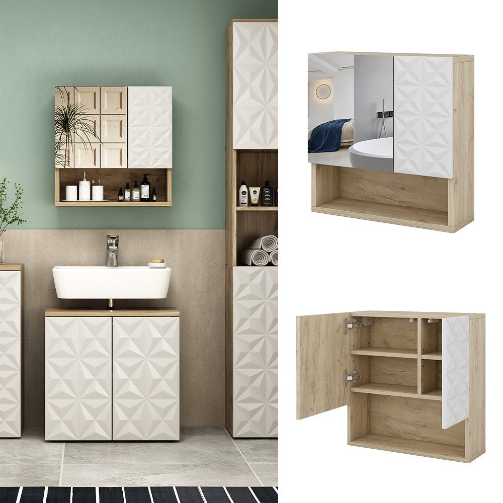 Vicco Badezimmerspiegelschrank Badmöbel EDGE Eiche/Weiß