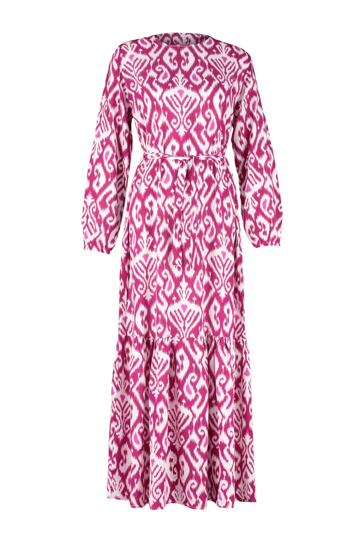 Trendyol Modest  Fuchsia Wickelkleid aus Viskosegewebe mit Muster und Gürtel TCTSS24EB00240