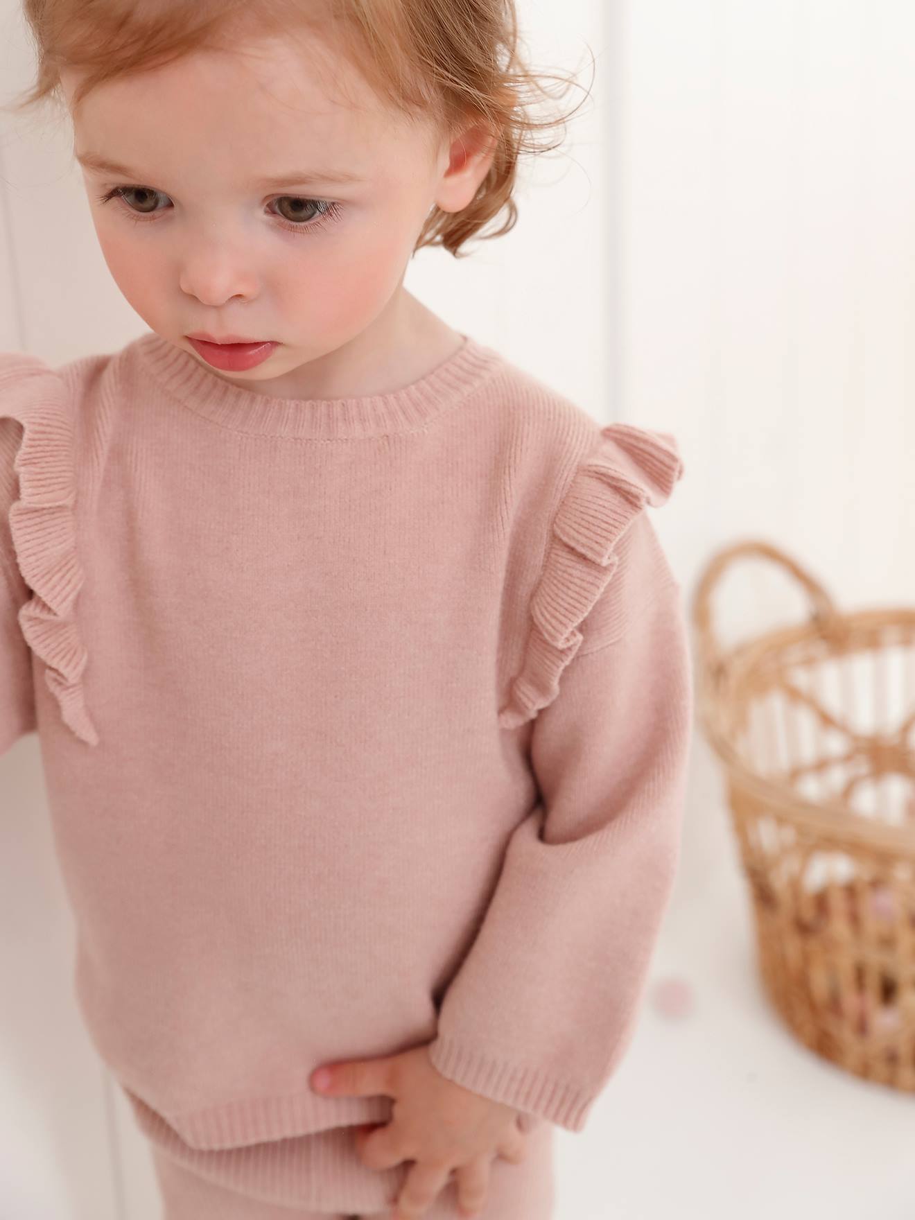 Ensemble bébé tricot pull + legging rose poudré