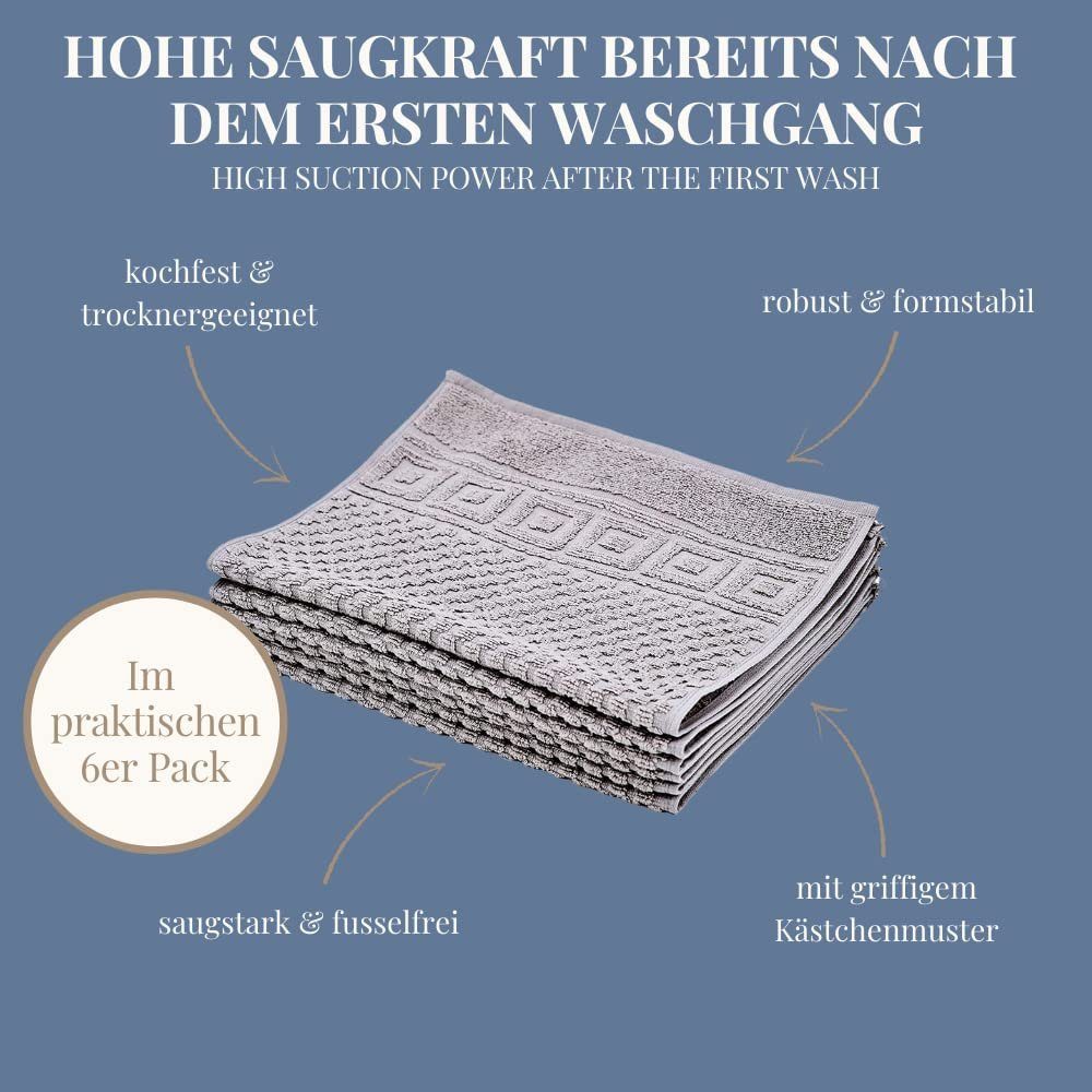 Carenesse Gästehandtücher 30 x 50 cm grau, 6-er Pack, Gästehandtücher Set Waffelmuster & Bordüre, Baumwolle, 100% Baumwolle Frottee Gästetücher fusselfrei & saugstark