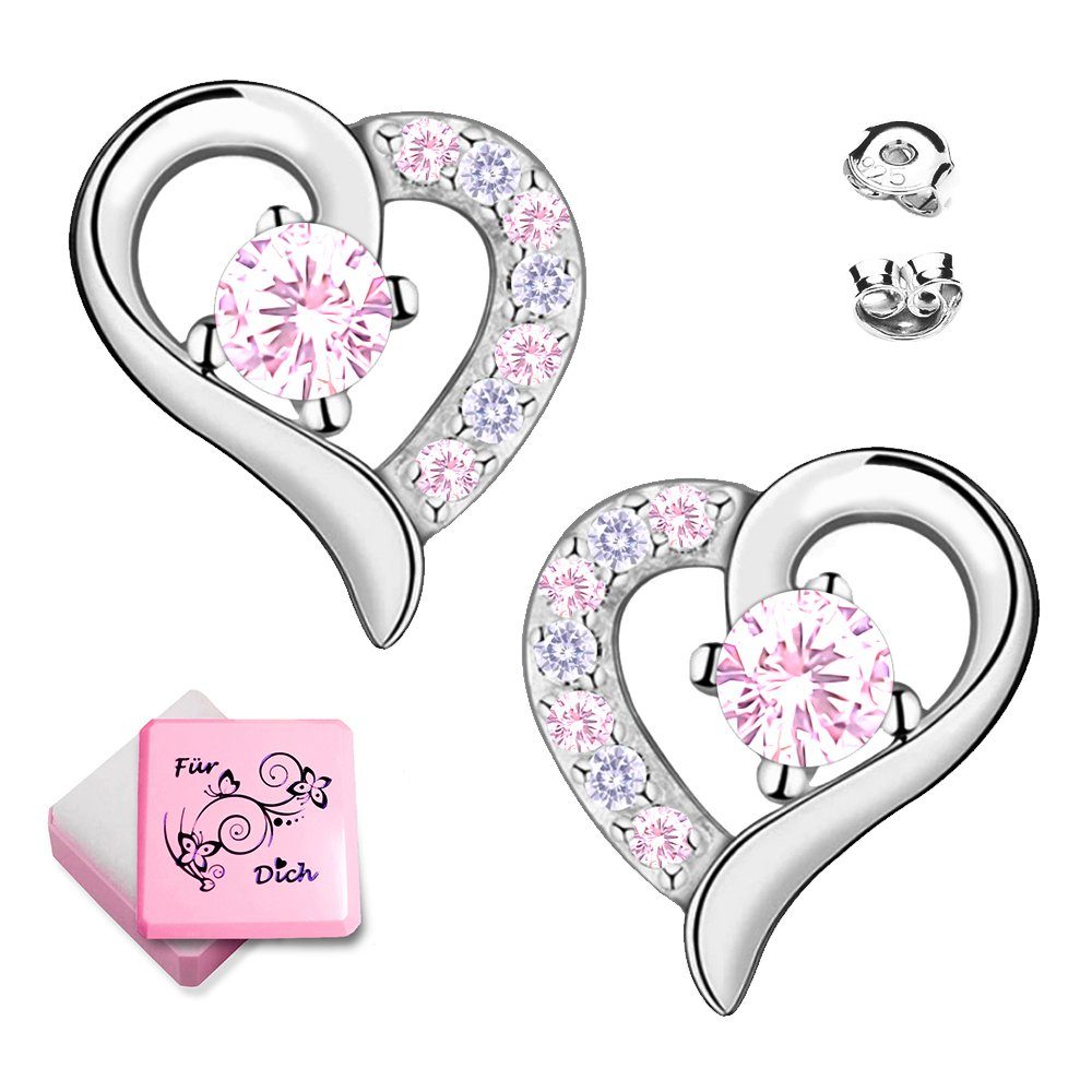 Limana Paar Ohrstecker Kinder Mädchen Damen Ohrringe 925 Sterling Silber Herz Herzohrringe, Liebesgeschenk Liebe Geschenk Idee rosa lila Zirkonia