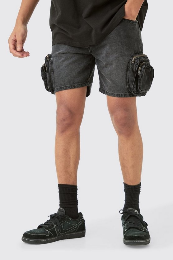 Schwarz Slim-Fit Jeansshorts mit 3D Cargo-Taschen