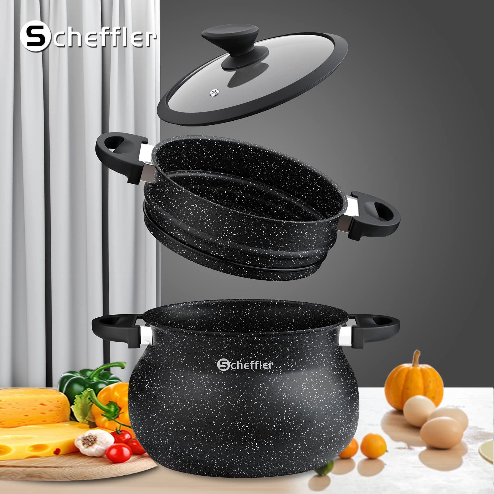 Scheffler Dampfgartopf Kochtopf Dämpfer, Glasdeckel Induktion Topf, Suppentopf, Aluminium, Induktionsgeeignet