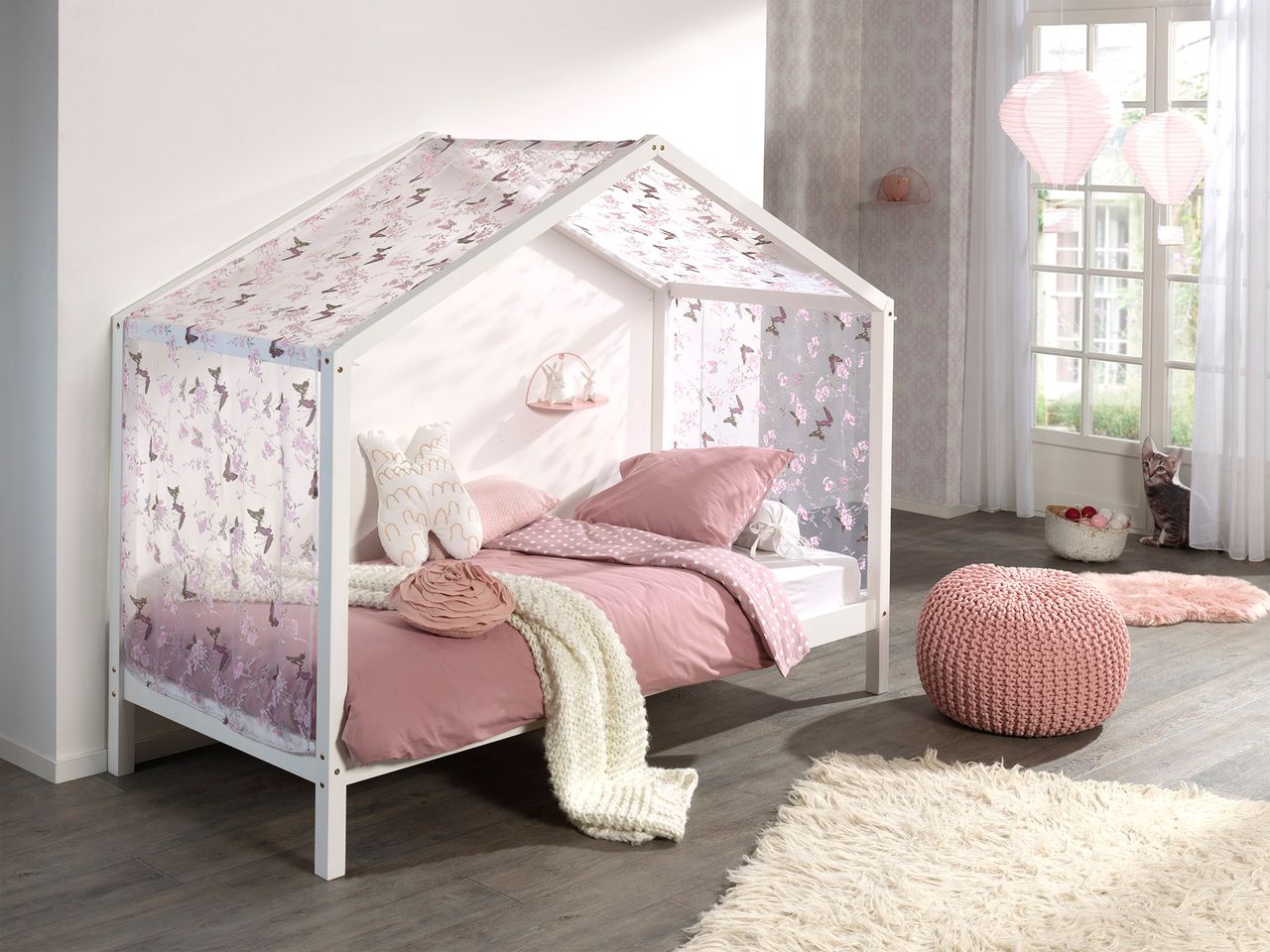 VIPACK Dallas 3 Hausbett 90 x 200 cm Liegefläche inkl. Textilhimmel, Weiß