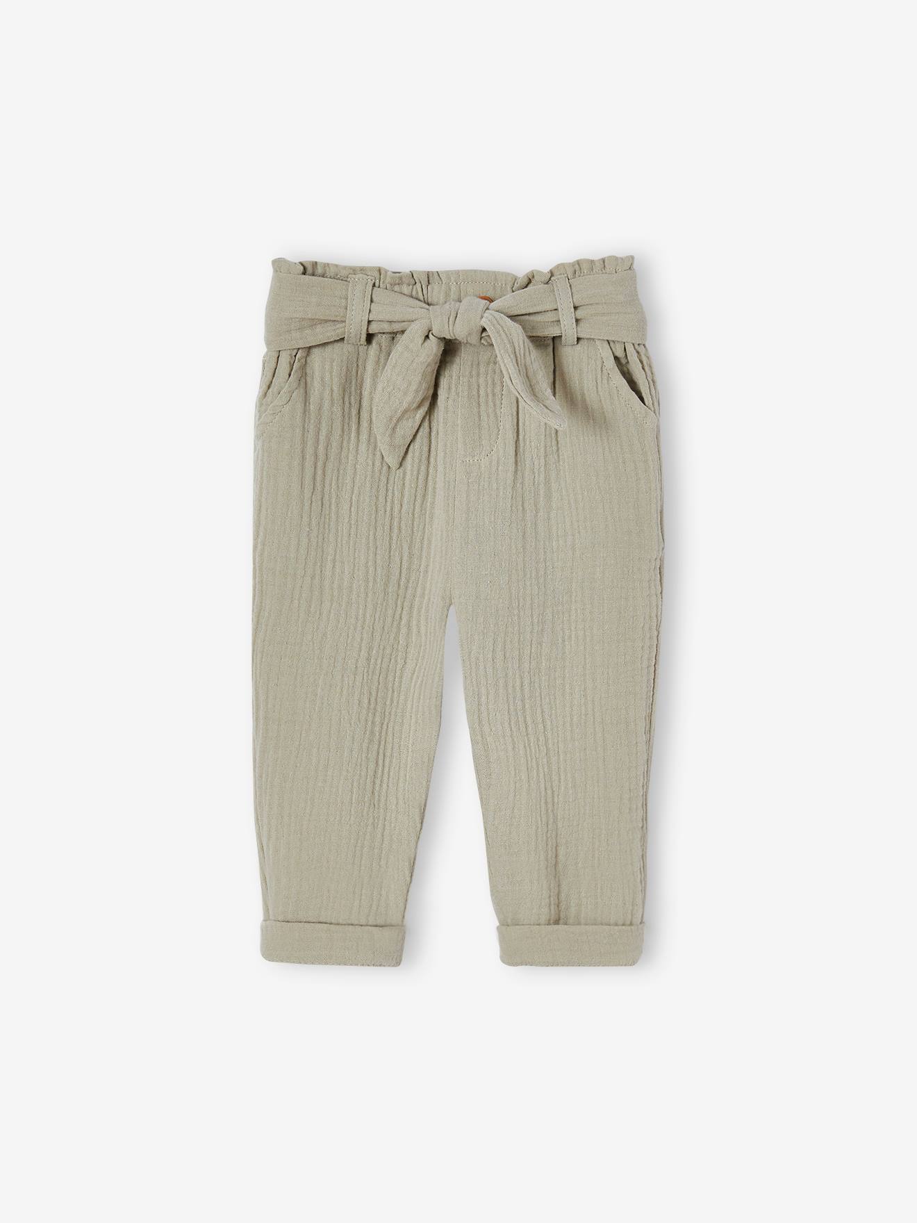 Pantalon paperbag bébé en gaze de coton vert de gris